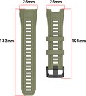 Twee olijfgroene siliconen horlogebandjes, met afmetingen 132 mm en 105 mm lengte, 26 mm breedte.