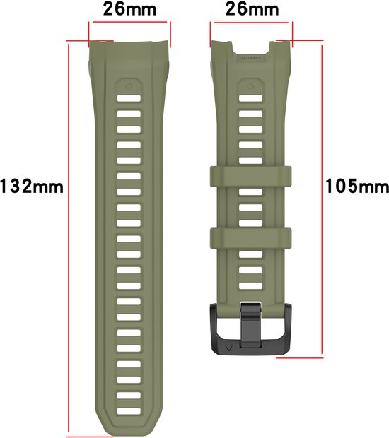 Twee olijfgroene siliconen horlogebandjes, met afmetingen 132 mm en 105 mm lengte, 26 mm breedte.