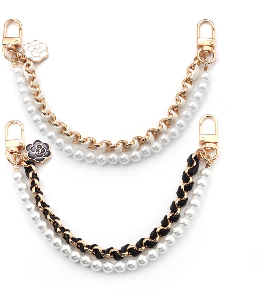 Mobiele telefoonriempjes - Telefoonkoordjes - Chanel-stijl telefoonkoordjes - Driedelige set - Parelketting met leren band - Kort koord - Mobiele telefoonriempjes - Telefoonkabel - Telefoonarmband - Universeel(wit + zwart + roze)