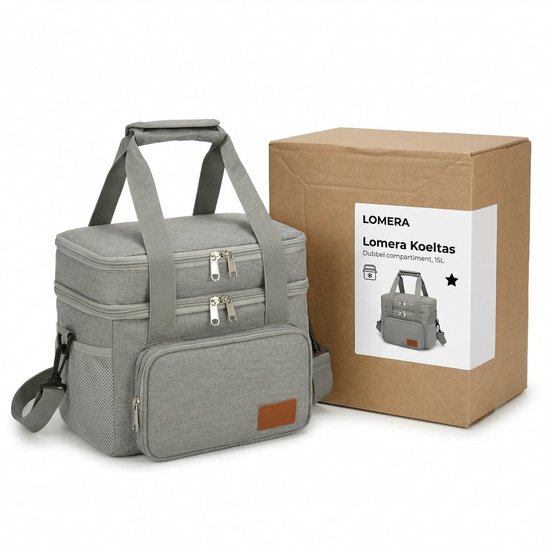 Lomera Koeltas - Lunchtas - Geïsoleerd - Opvouwbaar - Picknicktas - Thermotas - Koeltasje voor Volwassenen - Schoudertas - Coolerbag - Lunch Bag - Isolatietas voor Werk - Dubbel Compartiment - Waterafstotend - Lunchbox - Grijs — afbeelding 5