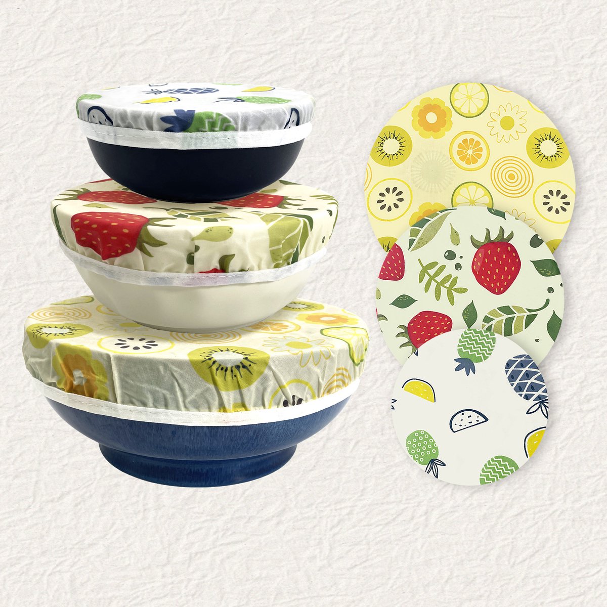 Herbruikbare Bijenwas Komhoes - Voedsel Bedekking met Rekband - Elastische Bewaar Wikkel voor Opslagcontainers - Set van 3 — cadeau in Koken & Dineren - foto 7