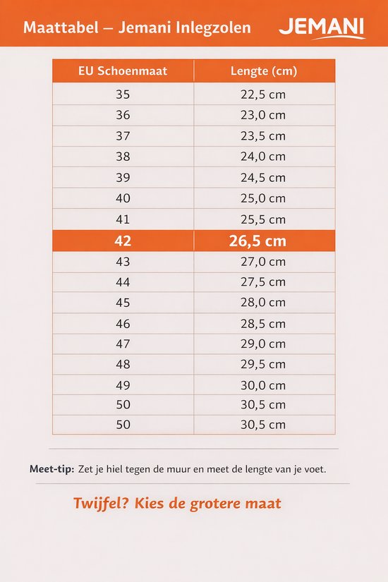 Maattabel voor Jemani inlegzolen, met schoenmaten en lengtes in cm. "Maattabel - Jemani Inlegzolen."