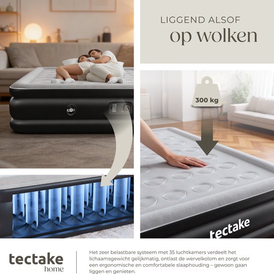 tectake® - Opblaasbaar matras AirDreams met elektrische pomp - Inclusief draagtas met koordsluiting - Waterafstotend - Slaapkamer - Camping - Logeerbed - Afmeting (LxBxH) 200 x 148 x 44 cm van Merkloos — afbeelding 3