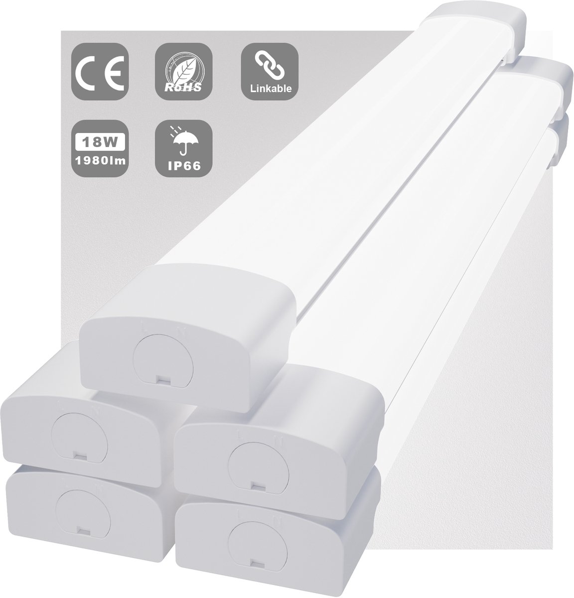 MODLICHT - 5PCS LED Batten 60 cm 18W 5000K 2000LM - Daglicht wit - LED TL Armatuur - Voor werkplaats, schuur en als onderbouwverlichting