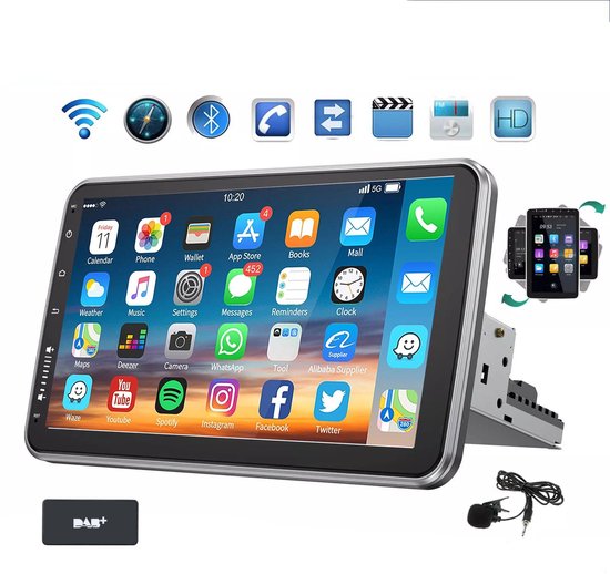 10,1″ Android 15 autoradio 1DIN draaibaar touchscreen 360° GPS navigatie Bluetooth Wifi DAB+ CarPlay Android Auto