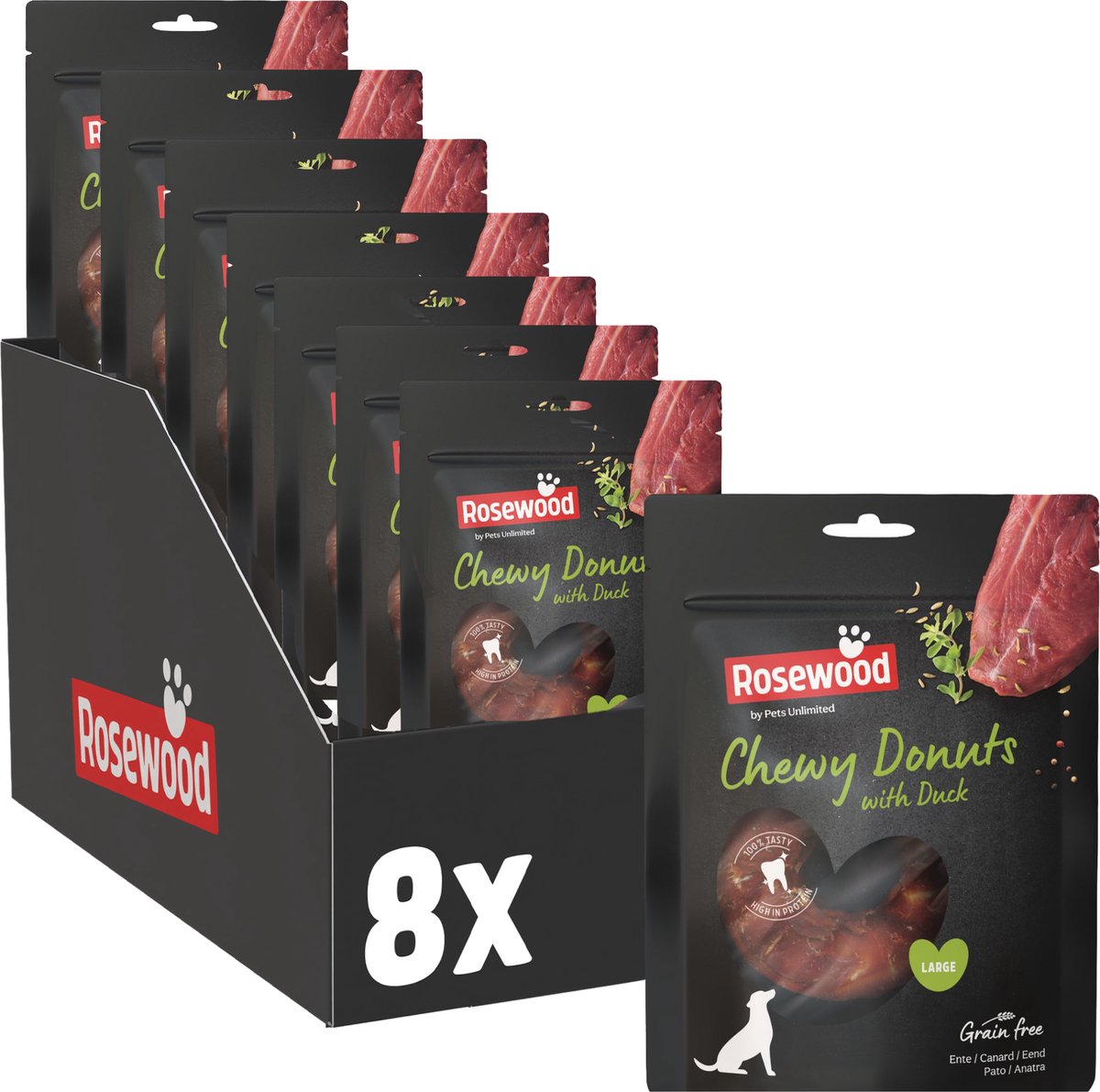 Rosewood Chewy Donut Eend Large – Stevige Kauwsnacks voor Honden – Runderhuid met 45% Eend – Ondersteunt het Gebit – 8 x 100 g