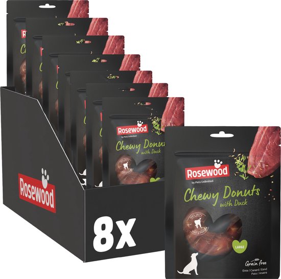 Displaydoos met 8 verpakkingen Rosewood Chewy Donuts met eend.