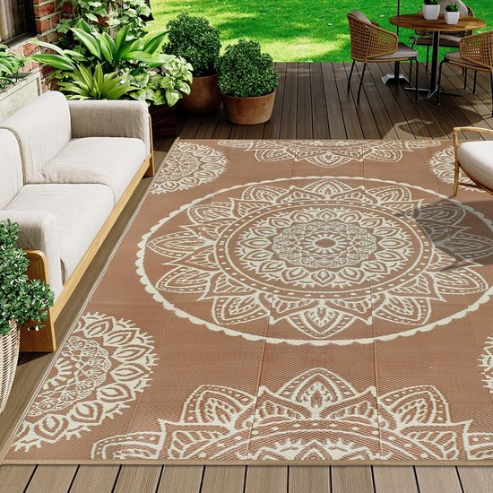 Famibay Outdoor tapijt, weerbestendig, 180 x 270 cm, omkeerbaar, campingtapijt, outdoor, waterdicht, beige, bruin, kunststof, omkeerbaar, licht, buitentapijt voor terras, tuin, balkon, camping, binnen — afbeelding 5