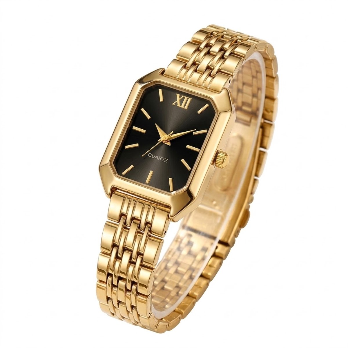 Goudkleurig analoog horloge dames - rechthoekig uurwerk met zwarte wijzerplaat en Romeins cijfer detail - elegante goudkleurige schakelband - quartz horloge