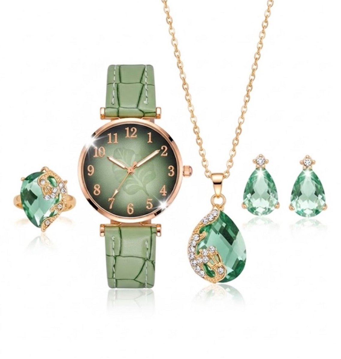 Groen analoog horloge dames - ronde wijzerplaat met bladmotief en goudkleurige details - groene band met krokodilstructuur - quartz horloge