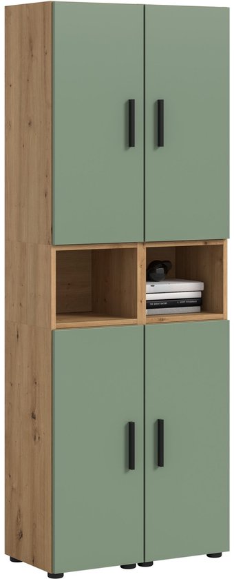 Hoge kast met zes deuren, groen en houtkleurig, met zwarte handgrepen. Open vakken met boeken.