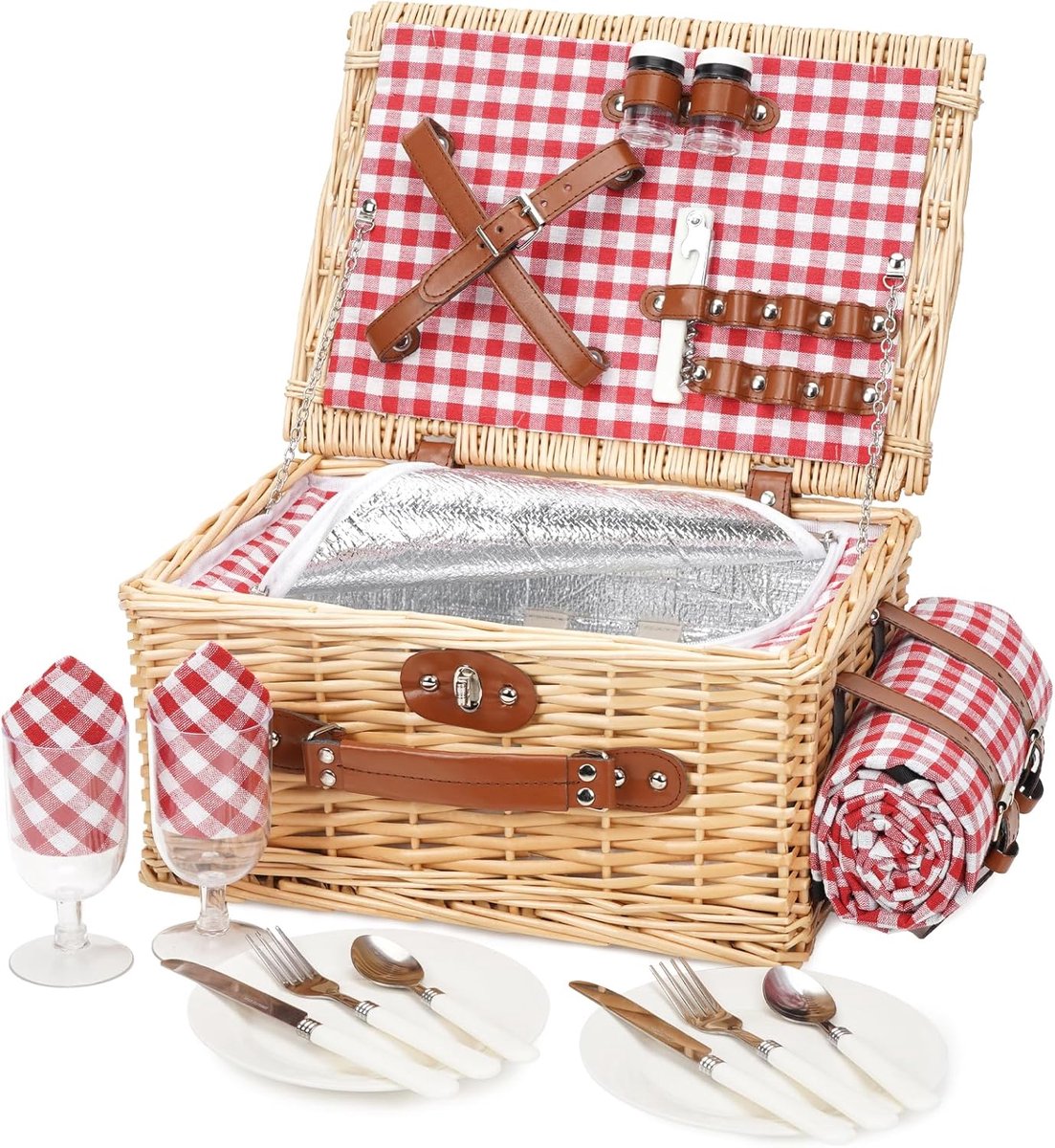 Picknickmand met Koelvak en Waterdichte Picknickdeken voor 2 Personen - Picknick Mandje - Boodschappenmand - Fruitmand - Winkelmand - Leer / Wilgenhout - Roodcheck - 27 x 27 x 19 cm - van Imperatoris