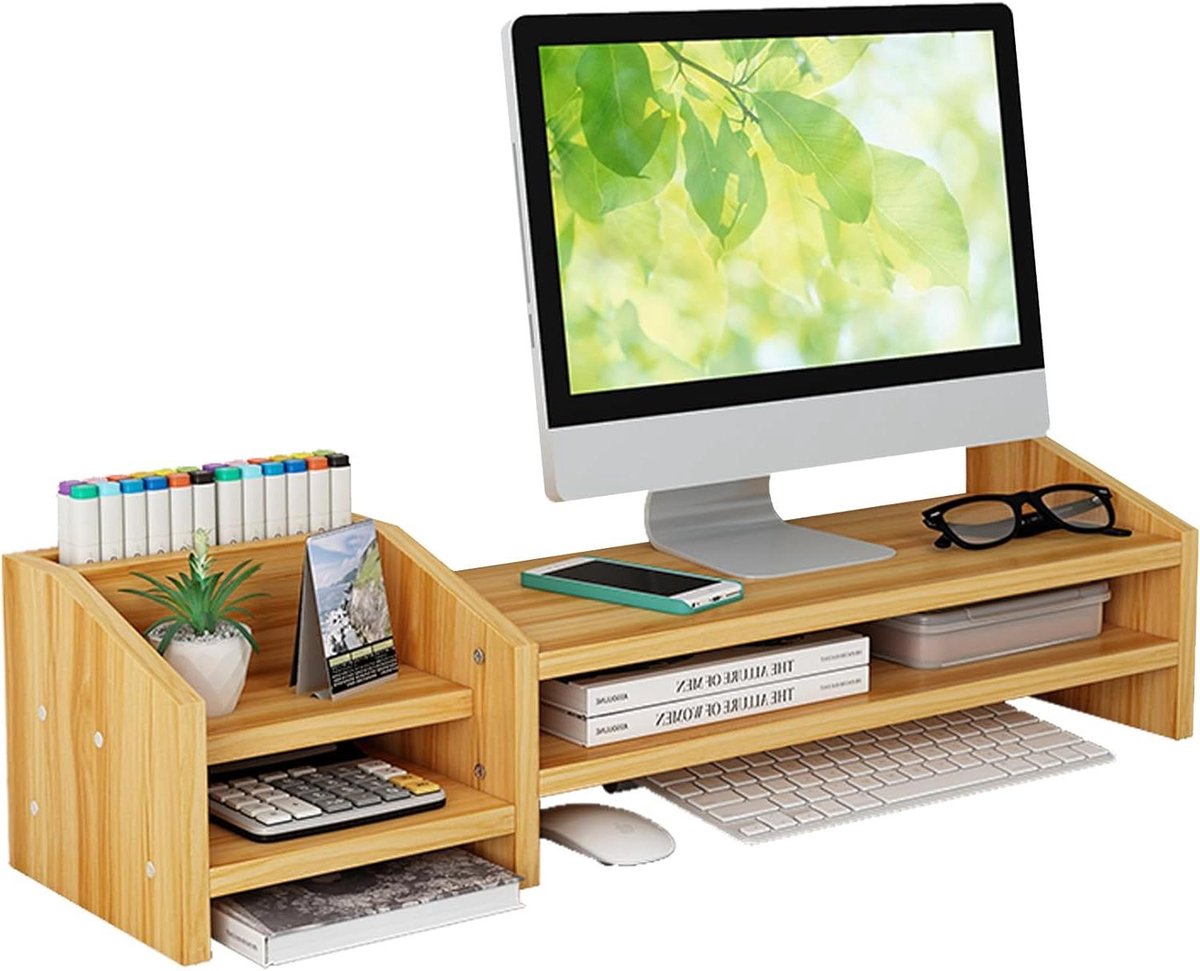 Monitorstandaard Hout - Monitorverhoger Bureau - Ergonomisch Werken - Met Opbergvak - 14 cm Hoog - Bruin