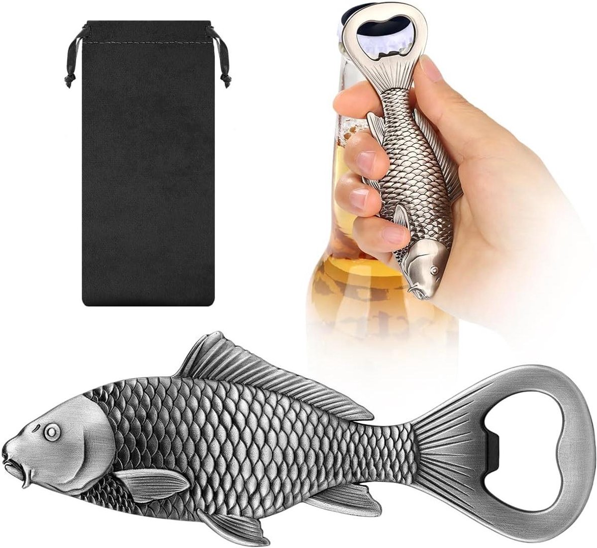 Flesopener Vis - Bieropener Visser - Flessen Openen - Zinklegering Design - Zilver
