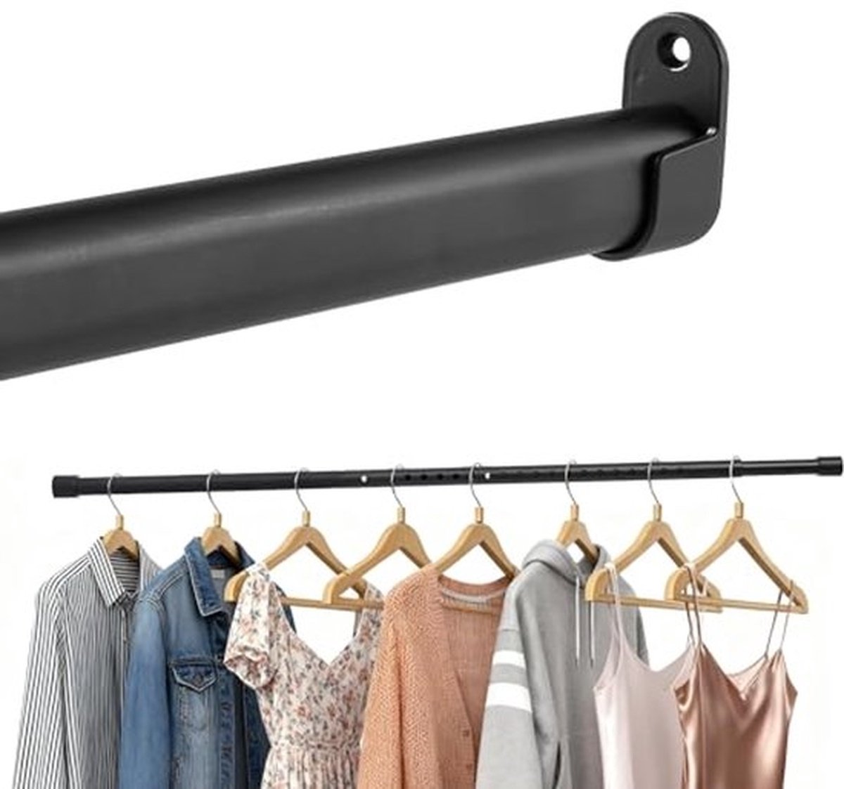 Kledingroede, uitschuifbaar van 42 tot 70 cm, verstelbare metalen kledingstang voor kasten, garderobes, ramen en campers, zwart