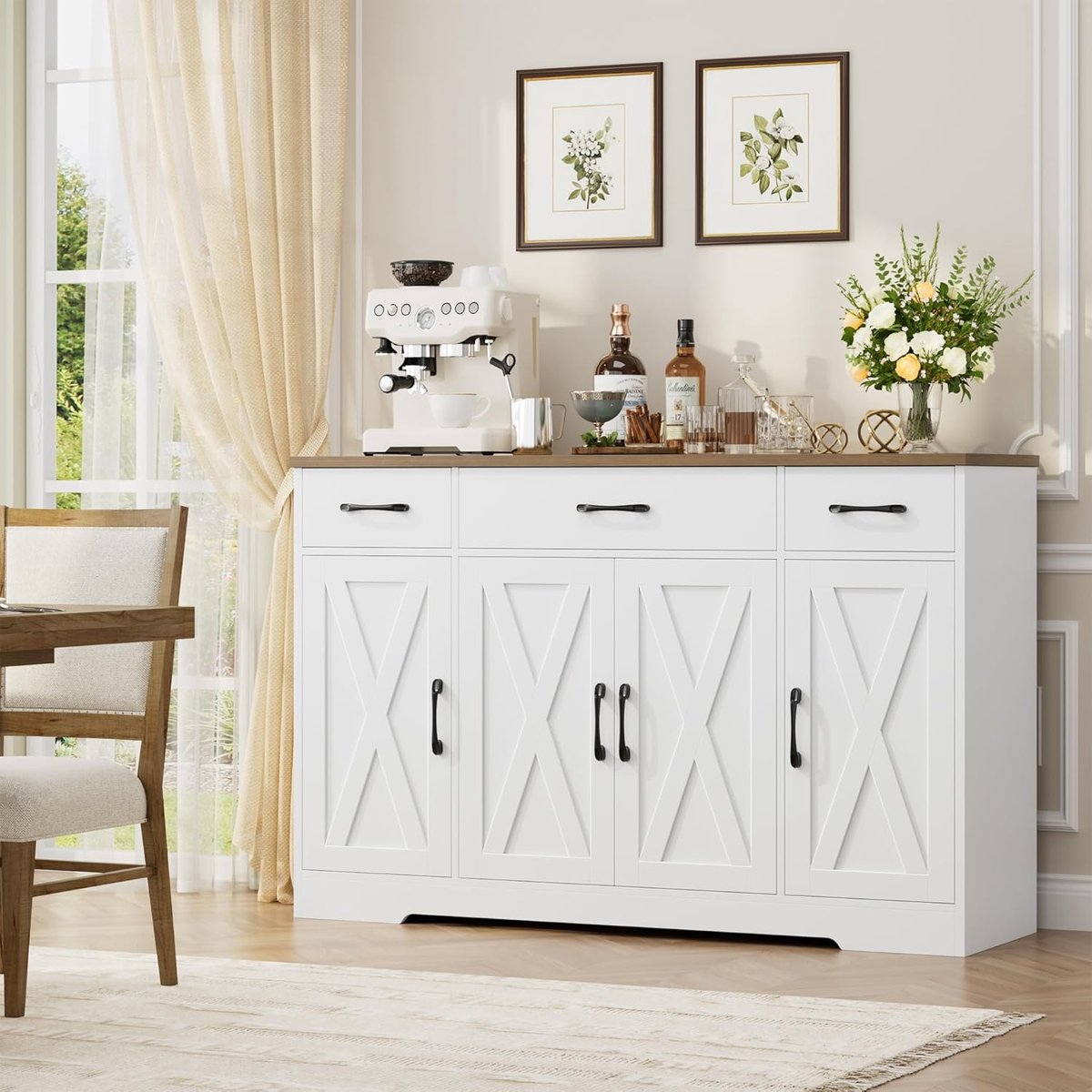 Dressoir Keukenkast 140x38,6x81 cm – Buffetkast met 3 Laden en 4 Deuren, Grote Opbergkast met Werkblad en Verstelbare Planken, Moderne Kast voor Woonkamer, Keuken en Hal – Wit met Houtlook – Urbanhome