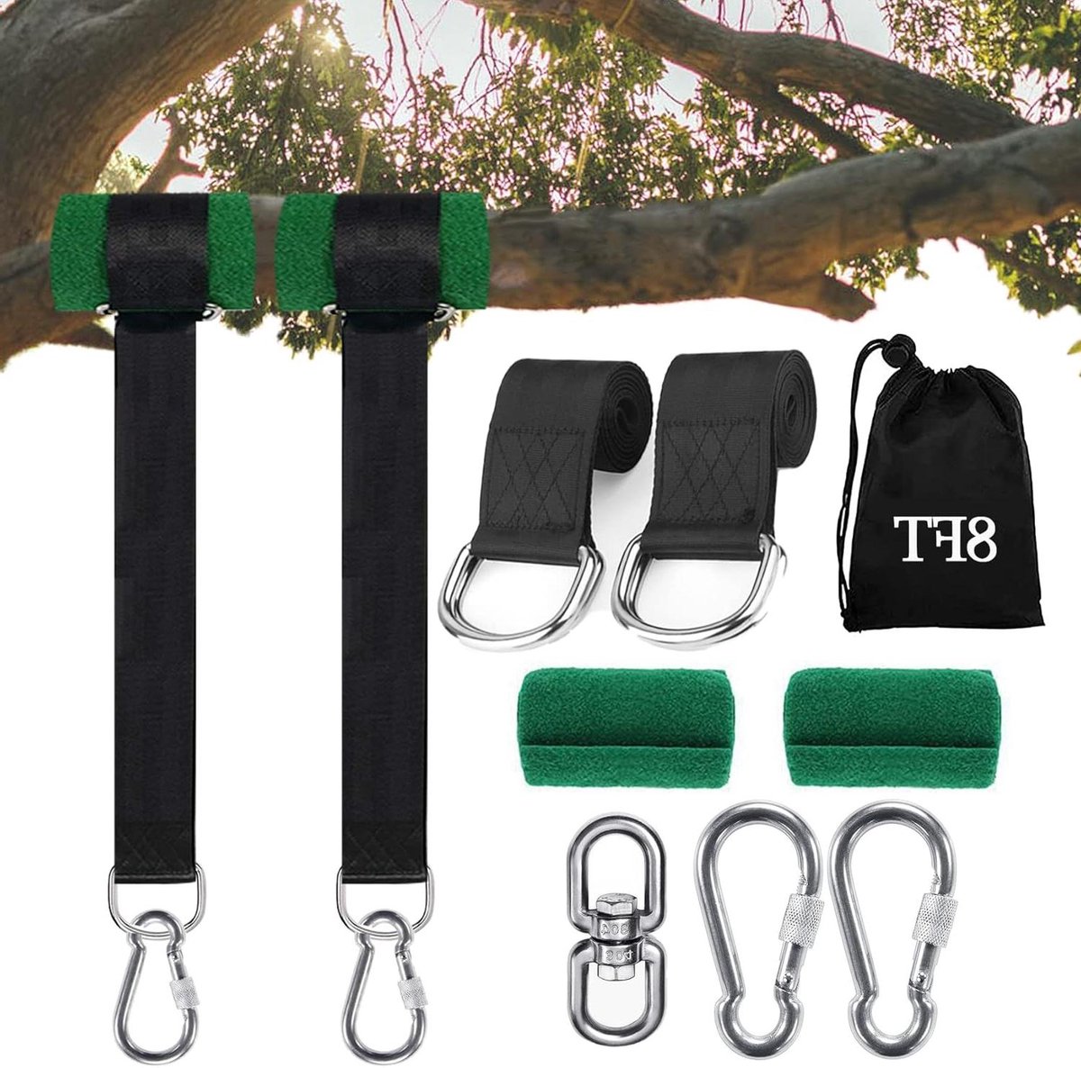Schommelriemen Set - Hangmat Riemen - Boom Hangen - Versterkte Boombeschermer - 8 ft Lengte - Zwart