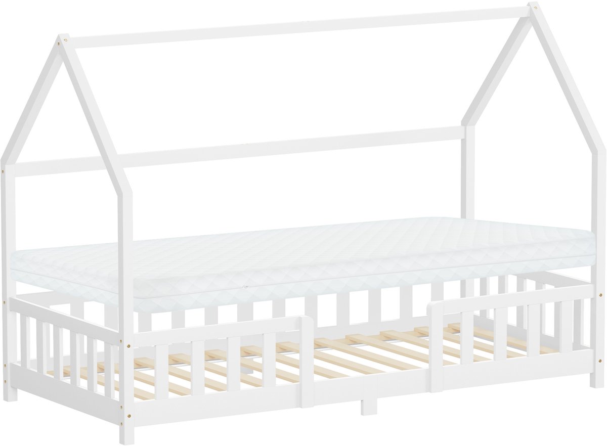 ml-design montessori kinderbed 90x200 cm met matras H:10 cm valbeveiliging wit massief grenenhout huisbed voor meisjes en jongens met lattenbodem decoratieve kap houten eenpersoonsbed jeugdbed speelbed vloerbed bedhuis kinderbed met dak