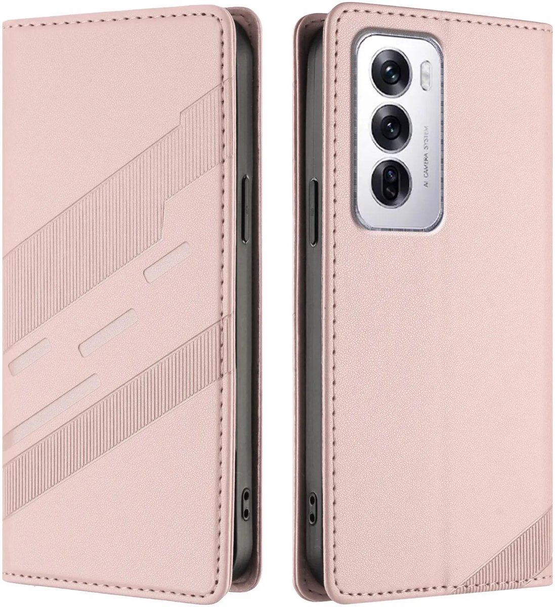 Hoesje geschikt voor Oppo Reno12 - Phonesta Embossed Lines Book Wallet Case - Roze