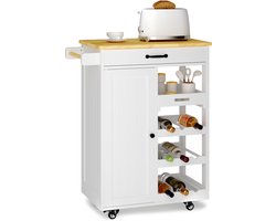 Xbro Keukentrolley op wieltjes met Lade en Afneembaar Dienblad – Serveerwagen met Werkblad, Wijnrek en Handdoekhouder voor Keuken, Bar en Gezellige Voetbalavonden, 40 x 64 x 91 cm,Wit