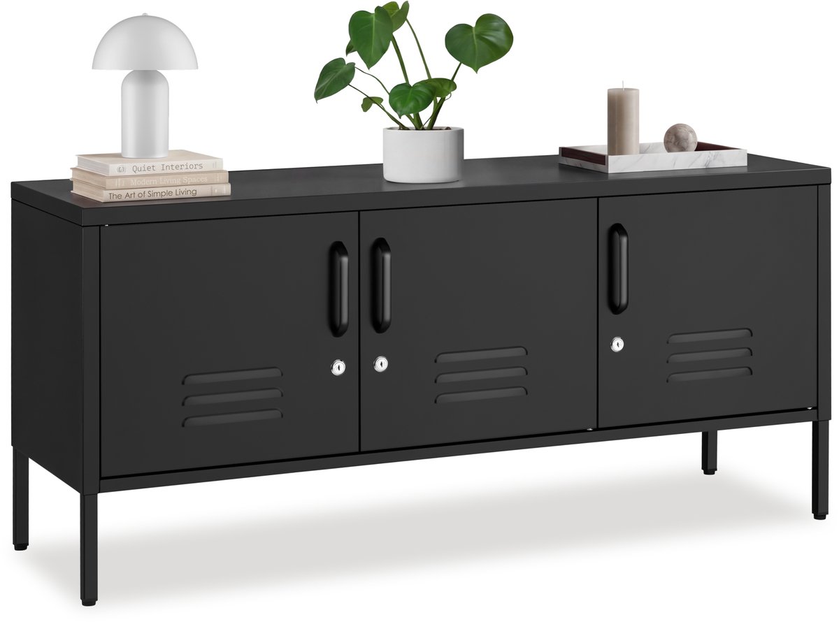 tectake® Stalen Dressoir - TV Meubel - 120 x 37,5 x 55,5 cm - Commode - Verstelbare Planken - 3 Deuren met Magneetsluiting - Lowboard - Metalen Kast - Zwart
