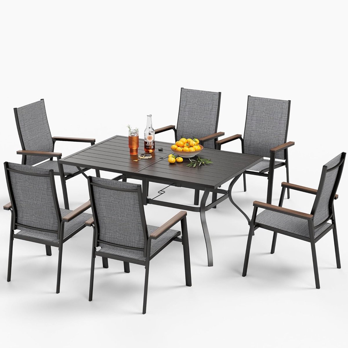 Tuinmeubelset 152x96 cm met 4 Stapelbare Stoelen en Parasolgat 4-5 cm – Weerbestendige Metalen Tuintafel Set voor Buiten, Terras & Tuin – Modern Design – Laura