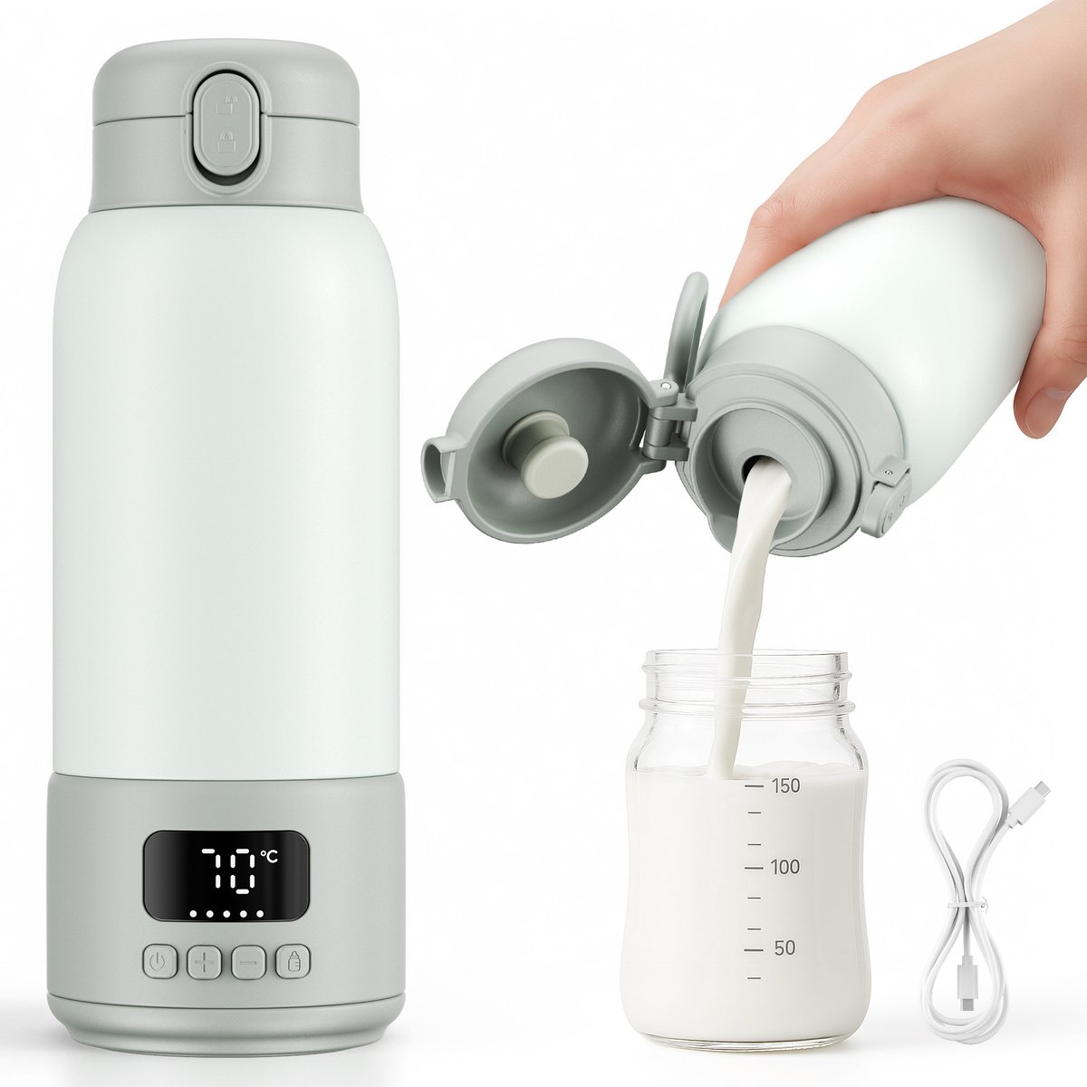 Glowstride Flessenwarmer onderweg - 500ml draagbare USB melk - waterwarmer voor baby's - BPA Vrij - Draadloos & Oplaadbaar