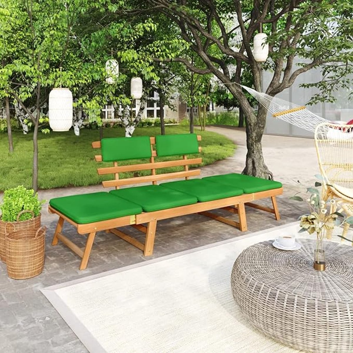 Luxe 2-in-1 Verstelbare Tuinbank & Ligbed 190 cm met Kussens van Massief Acaciahout – Mult