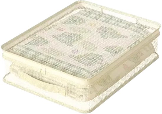 Lichtbeige opbergdoos met transparant deksel met rasterpatroon en handvatten aan de zijkant.