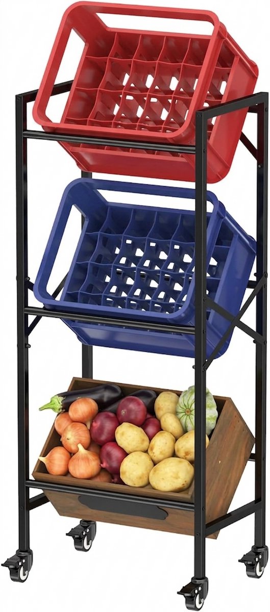 Krattenrek met Wielen - Opbergrek - Stellingkast voor in de Keuken en Garage - Opbergkast voor Kratten - Ruimtebesparende Opslag - Geschikt voor het Opbergen van 3 Kratten - Zwart - van Imperatoris
