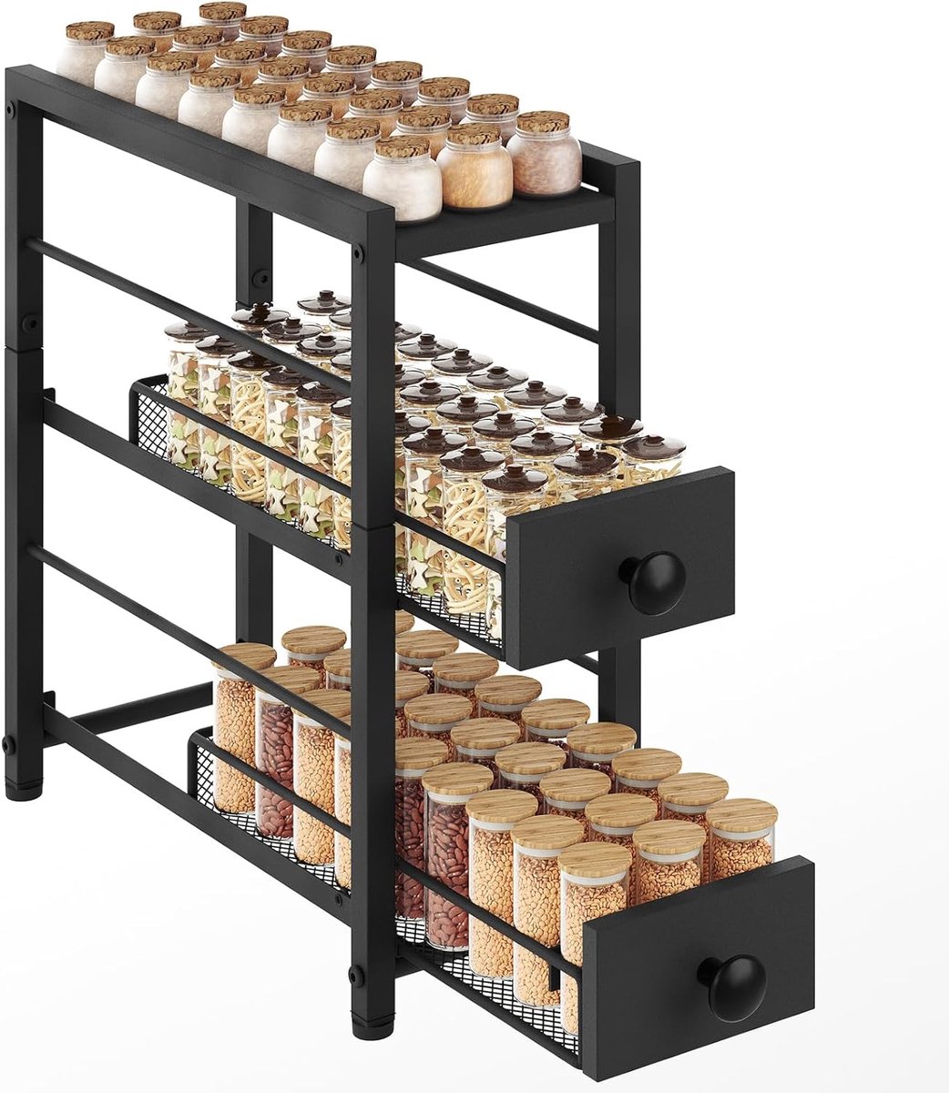 HOMESY 3-laags Gewürzregal, compacte keukenopslag met 2 uitziehbare lades voor nauwe spleten, ideaal voor siroop, kruiden en koffiecups opslag, Zwart