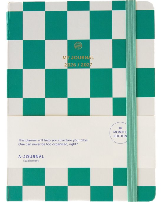 Agenda met groen-witte dambordpatroon, elastische band en tekst 'MY JOURNAL 2026 / 2027'.