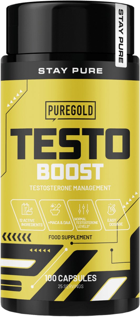 Pure Gold Testo Boost – 100 Capsules – Voedingssupplement voor Mannen met Zink, Maca, DAA & Ginseng – 12 Actieve Ingrediënten