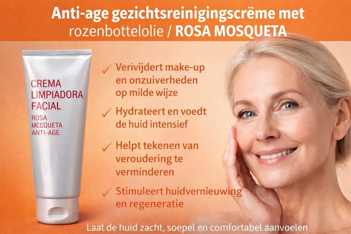 ANTI AGE ROSA MOSQUETA Gezichtsreinigingscrème ( 150 ml) . Regenereert je huid tijdens het reinigen. ANTI-VEROUDERING