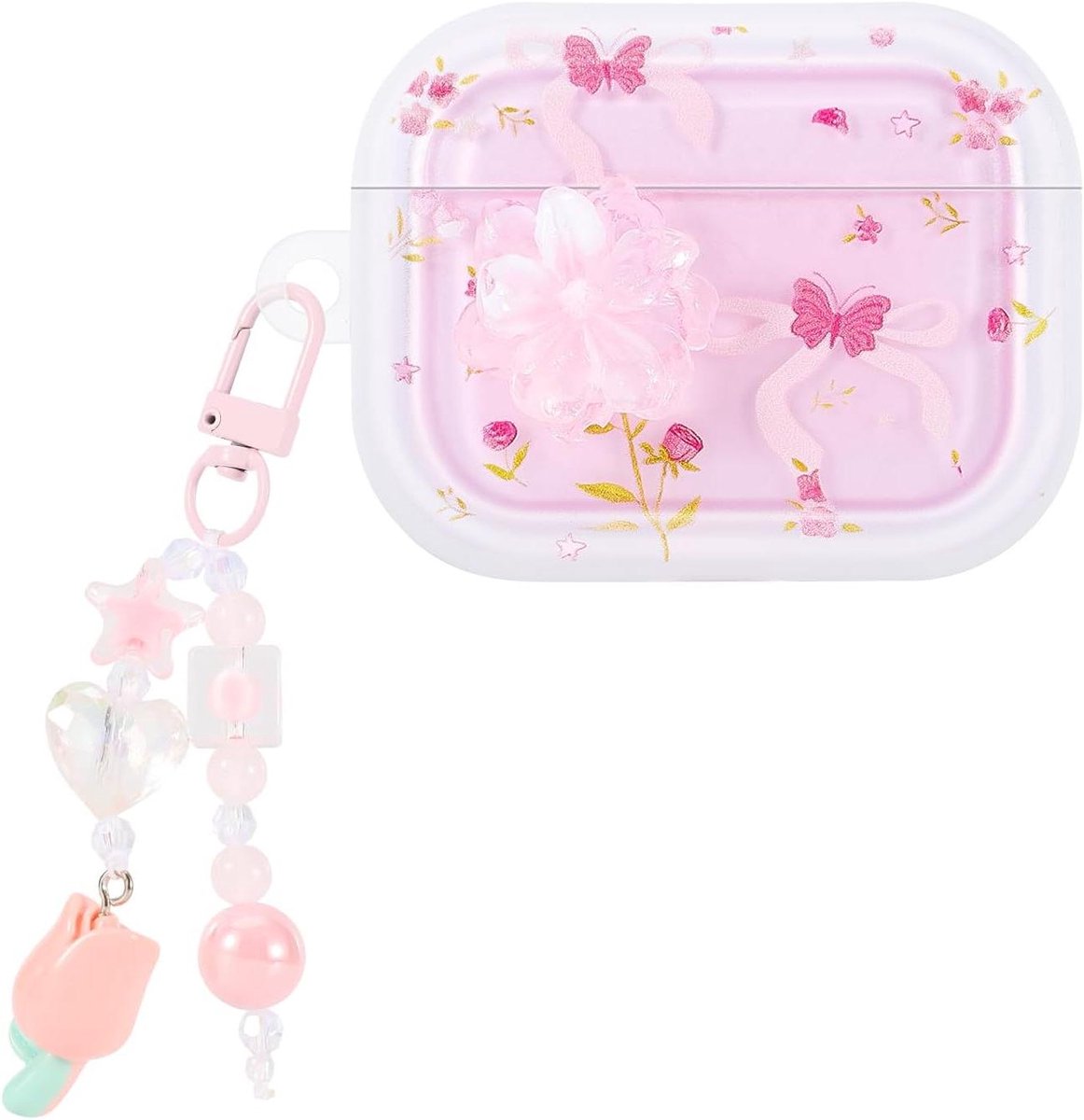 AirPods Pro 3 Hoesje - Beschermhoes met sleutelhanger - Bescherming en decoratie - 3D Bloemen en vlinders ontwerp