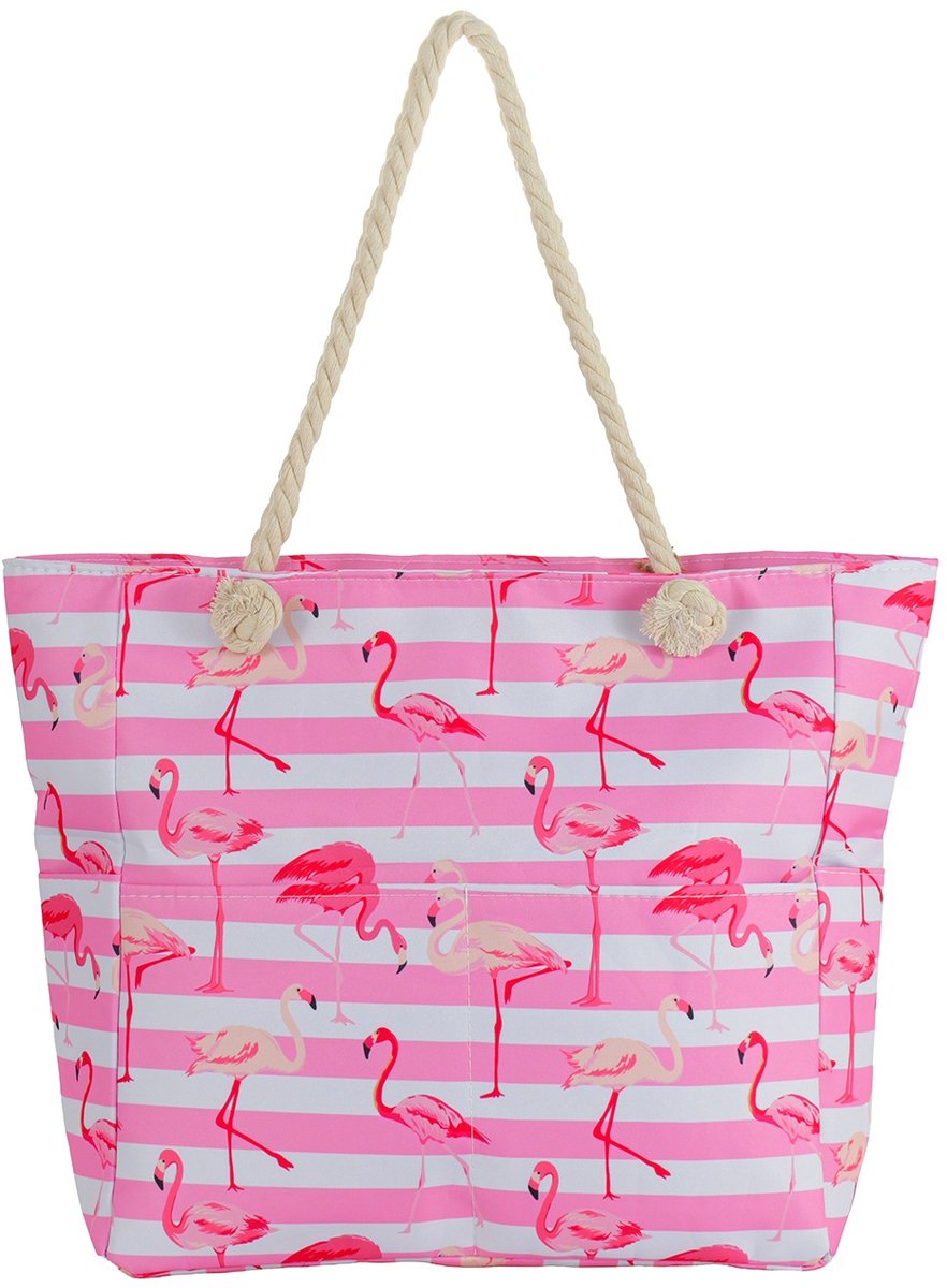 Ultiluxe® Strandtas met Flamingo print - Schoudertas met ritssluiting - 51 x 39 x 13 cm - Damestas - Shopper - Roze/wit/beige