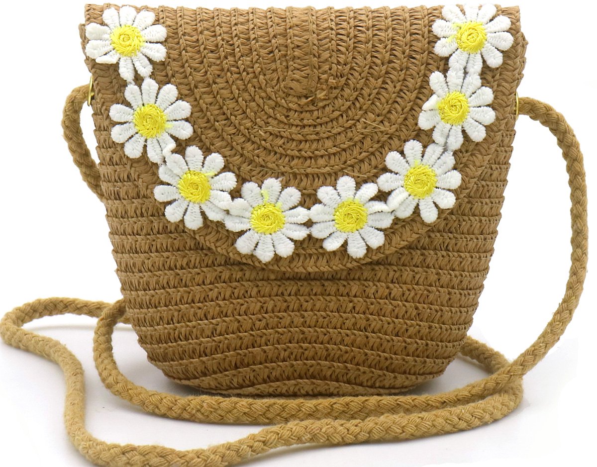 Ultiluxe® Crossbody tas met Bloemen - Schoudertas voor kinderen - Bloemetjes - Woven tas voor meisjes - 12.5 x 14.5 x 5.5 cm - Tas - Beer - Bruin