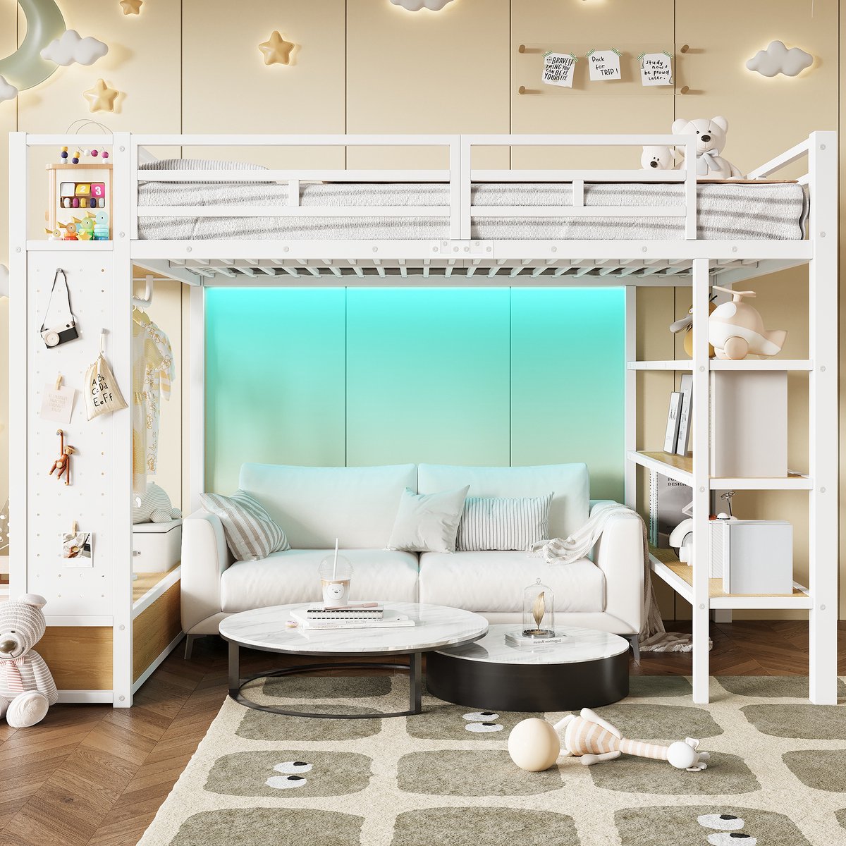 Merax 140x200cm hoogslaper met open kast - met opbergvakken en LED-verlichting - wit - zonder matras