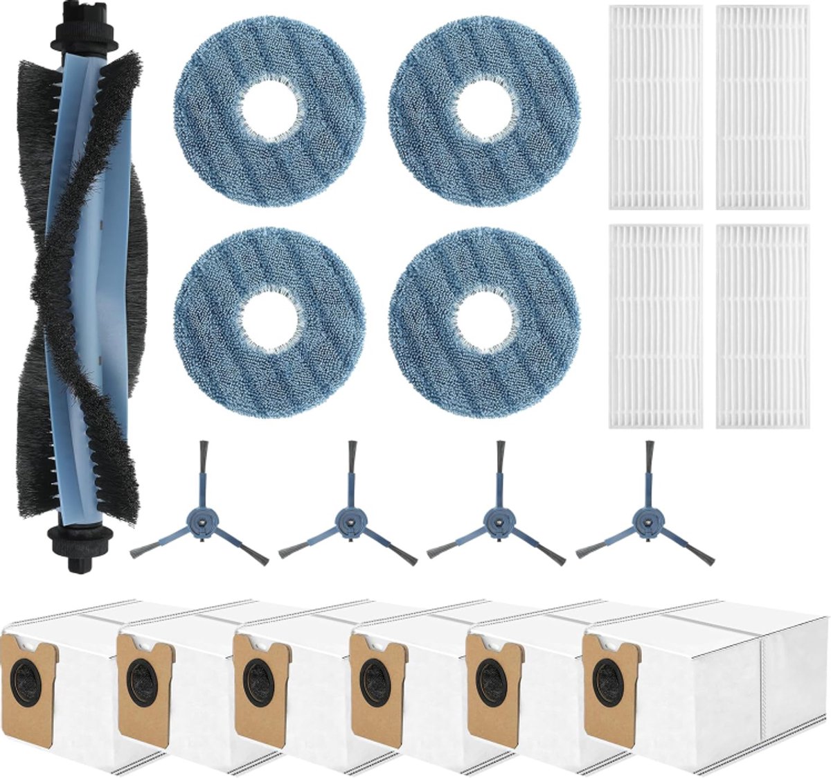19 stuks Accessoires Kit Vervanging geschikt voor Eufy Omni C20 Stofzuiger - 1 Hoofdborstel, 4 Mop Doek Pads, 4 Zijborstels, 4 HEPA-filters, 6 Vervangende Stofzakken