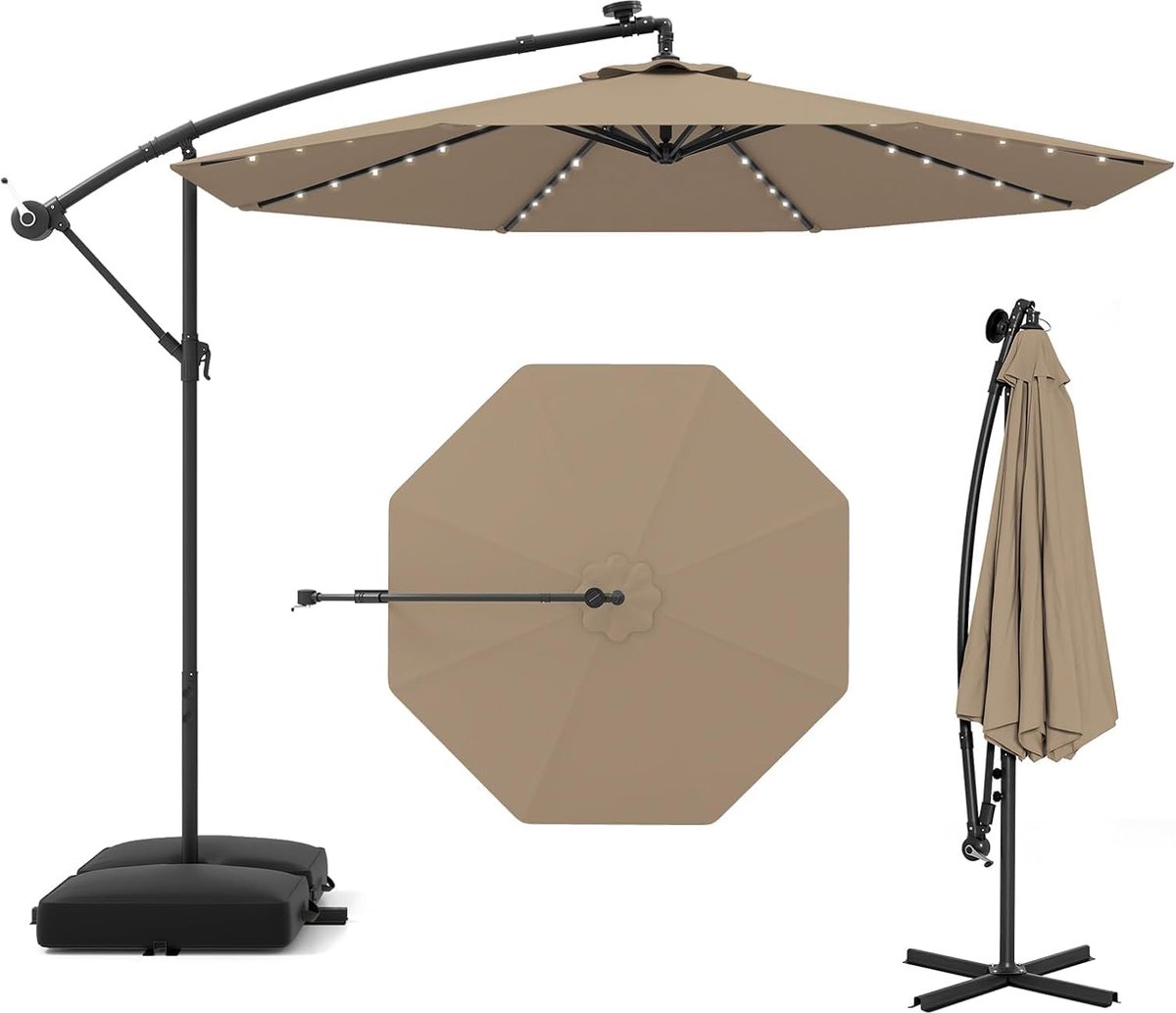 Luxe Kantelbare Zweefparasol 300 cm met 40 LED Zonneverlichting en Zandzakken – Tuinparasol met Crank Mechanisme, UV Bescherming en Metalen Frame