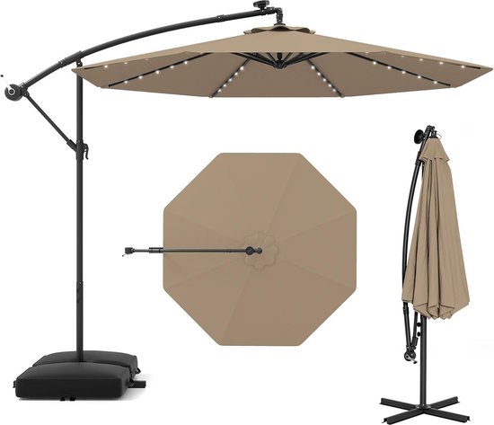 Bruine zweefparasol met LED-verlichting, crank en voet. Zijkant en bovenkant getoond.