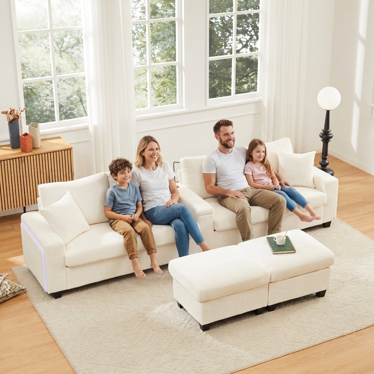 Intebiki-U-vormige corduroy bank – inclusief twee poefs, leeslampjes, opklapbare plank, be