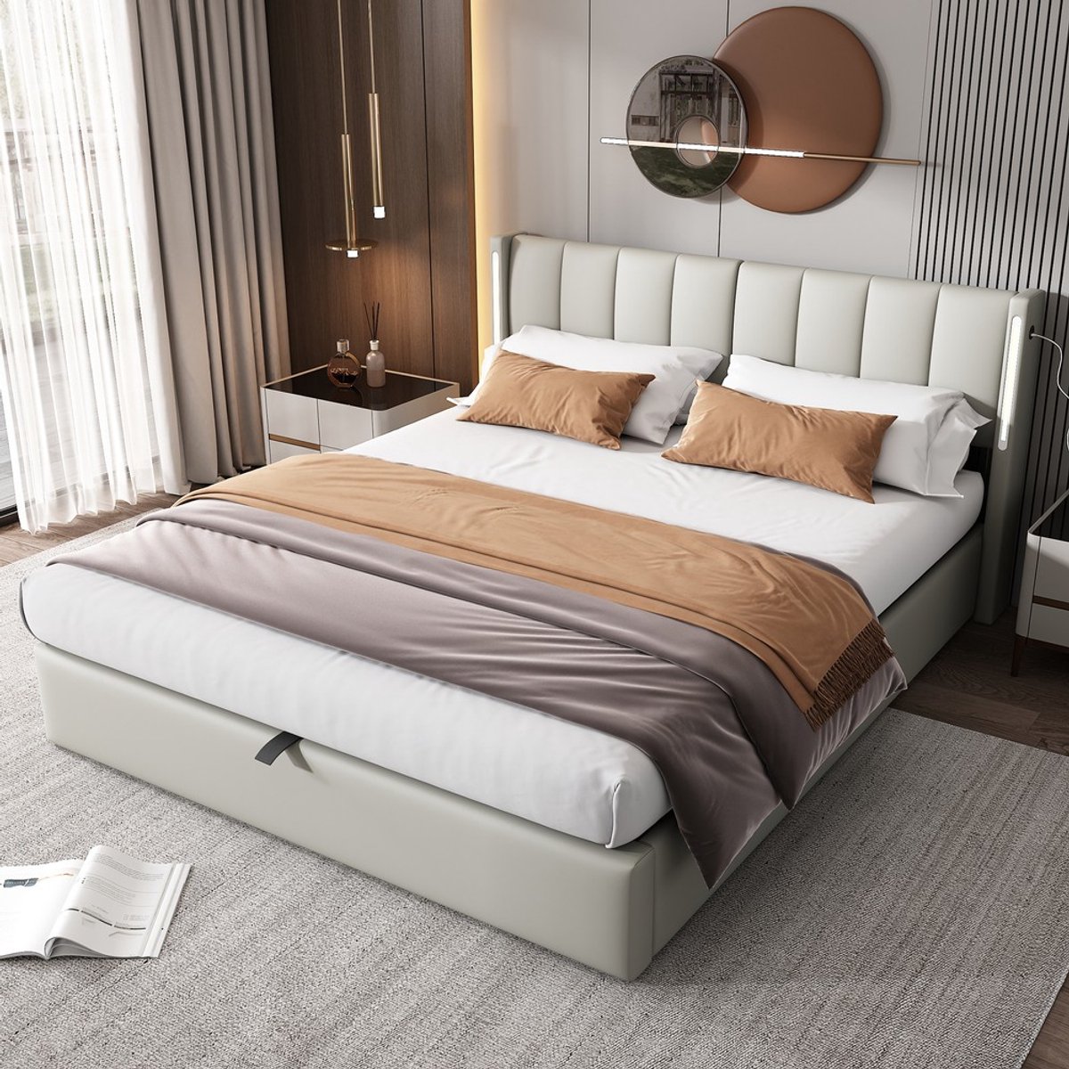 KOMHTOM Gestoffeerd bed - met LED-verlichting - 140 x 190 cm - hydraulisch bed - oplaadbare USB-poort in het bed - met opbergruimte - verstelbaar hoofdeinde - PU-wieltjes - grijs