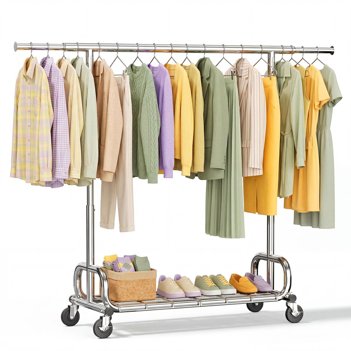 HOKEEPER Zwaar uitschuifbaar kledingrek op wielen – 116-180 cm breed, 204 kg draagkracht, 3-in-1 ontwerp (kleding, schoenen, paraplu's) – chroom