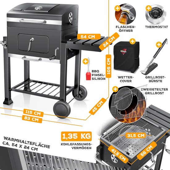 Houtskoolbarbecue XL Grillwagen met Deksel & Thermometer - BBQ Smoker Grill met Warmhoudrooster, Wielen, Zijtafel & Opbergrek - Houtskool BBQ voor Tuin, Camping & Terras - Grijs - House&Garden — afbeelding 3