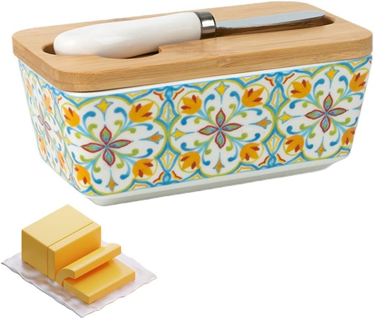 Grote Porseleinen Botervloot met Houten Deksel en Botermes, Multifunctionele Botervloot voor Keuken en Huishouden, Ideaal voor Versheid en Presentatie