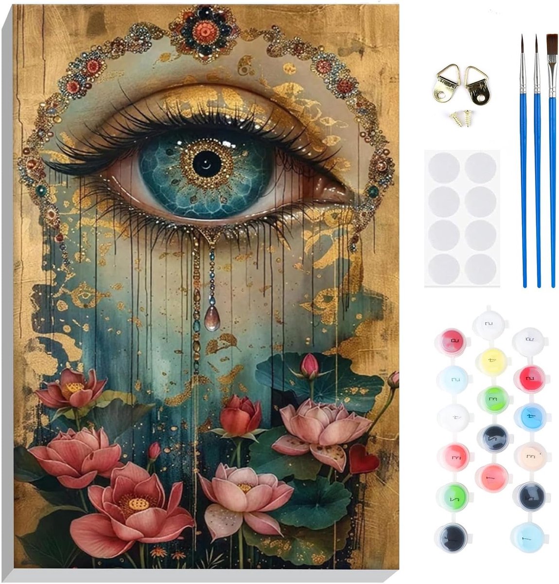 Verf op nummer voor volwassenen en beginners, vintage oog en lotus schilderij op canvas, DIY acryl olieverfschilderij kit voor kunst en ambachten als geschenk voor thuisdecoratie