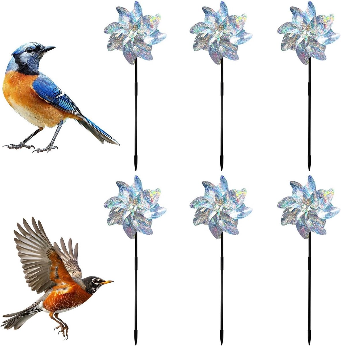 Set van 6 Reflecterende Vogelwindmolens voor Tuin en Boerderij - Schitterende Afschrikking voor Vogels