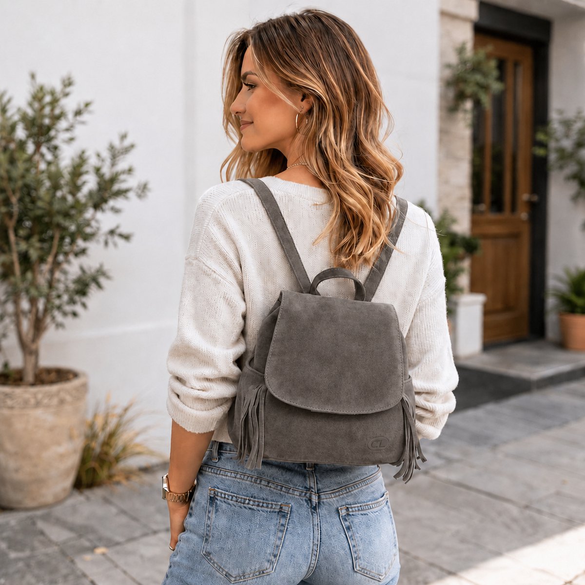Castillo Suede Vibes Leren Franje Rugzak 5 Liter - Kleine Dames Rugtas van Leer - Grijs