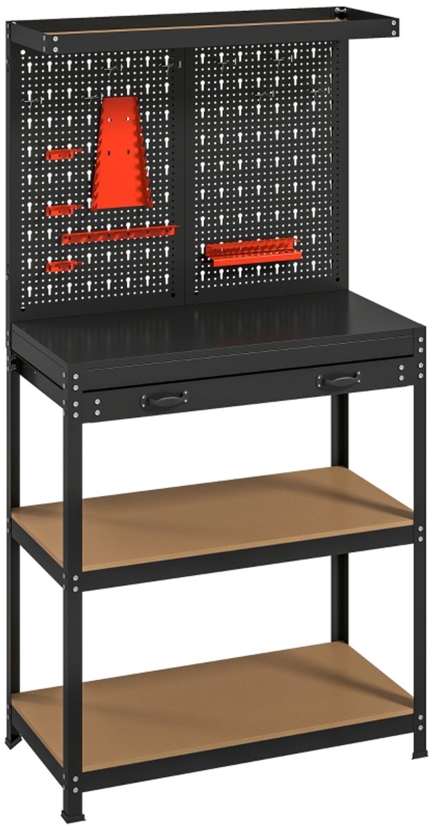 Werkbank 80x40,5x155cm Hout Metaal Met Lochwand Haken Lade 2 Planken Zware Werkbank Voor Werkplaats Garage Schuur School Duurzaam Stevig Tot 240Kg Praktisch Functioneel Organisatorisch